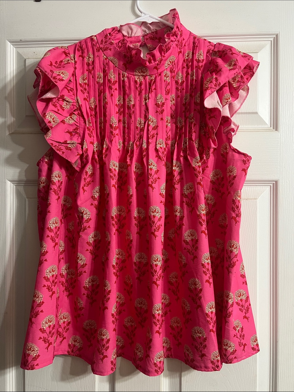 SHEIN Hot Pink Floral Ruffle-Sleeve Blouse